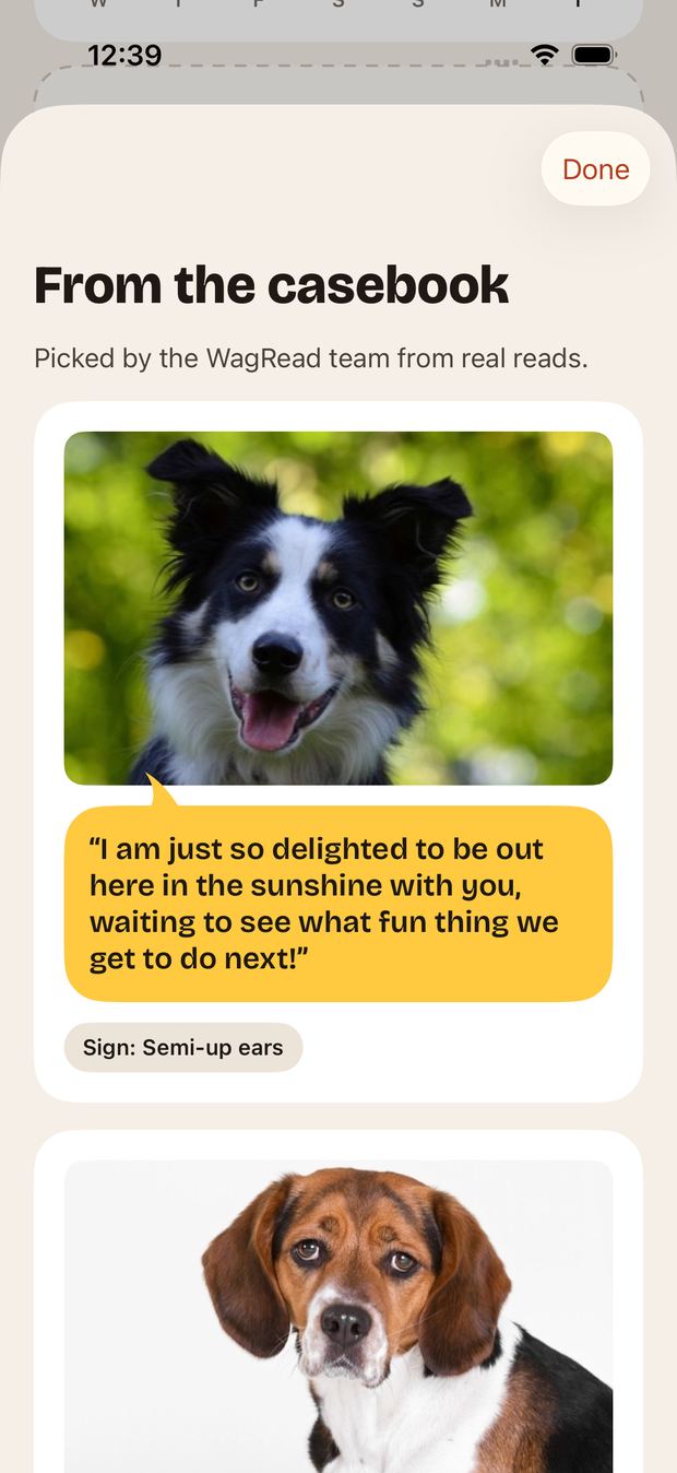 WagRead casebook showing example dog expressions and signs.