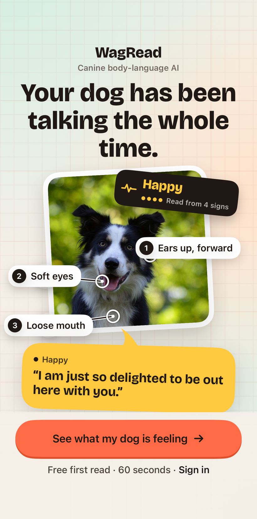 WagRead hook screen with a dog photo, numbered sign callouts, a Happy readout, and a yellow thought bubble.
