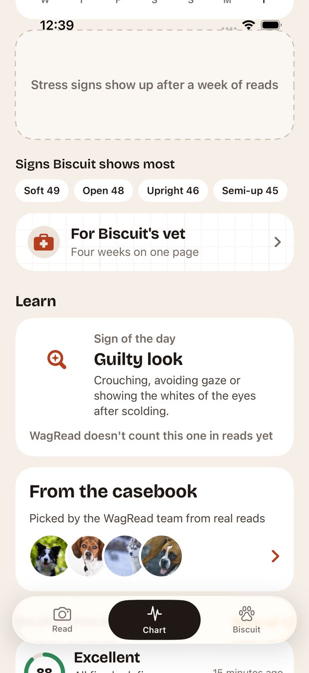 WagRead Learn screen with sign of the day and casebook entry.