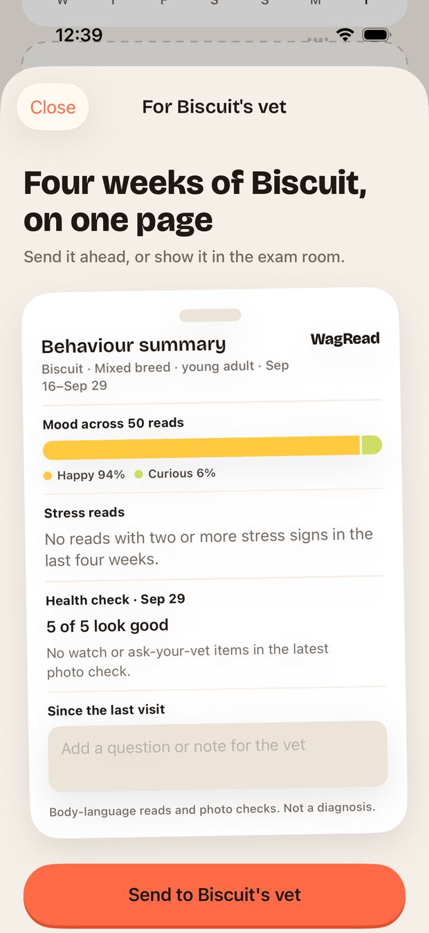One-page WagRead vet summary with recent reads and health check notes.